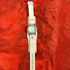 Fossil Silver with Crystal Watch with original white leather band.